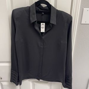 Textured Strong Shoulder Pleated Cuff Relaxed Portofino Shirt Black medium